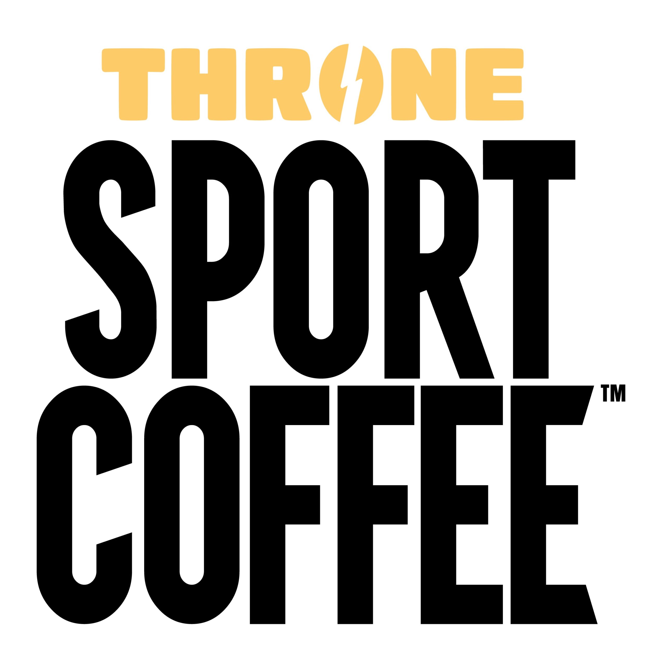 Red background with bold white text reading "THRONE SPORT COFFEE" and a lightning bolt symbol replacing the "I" in "THRONE.