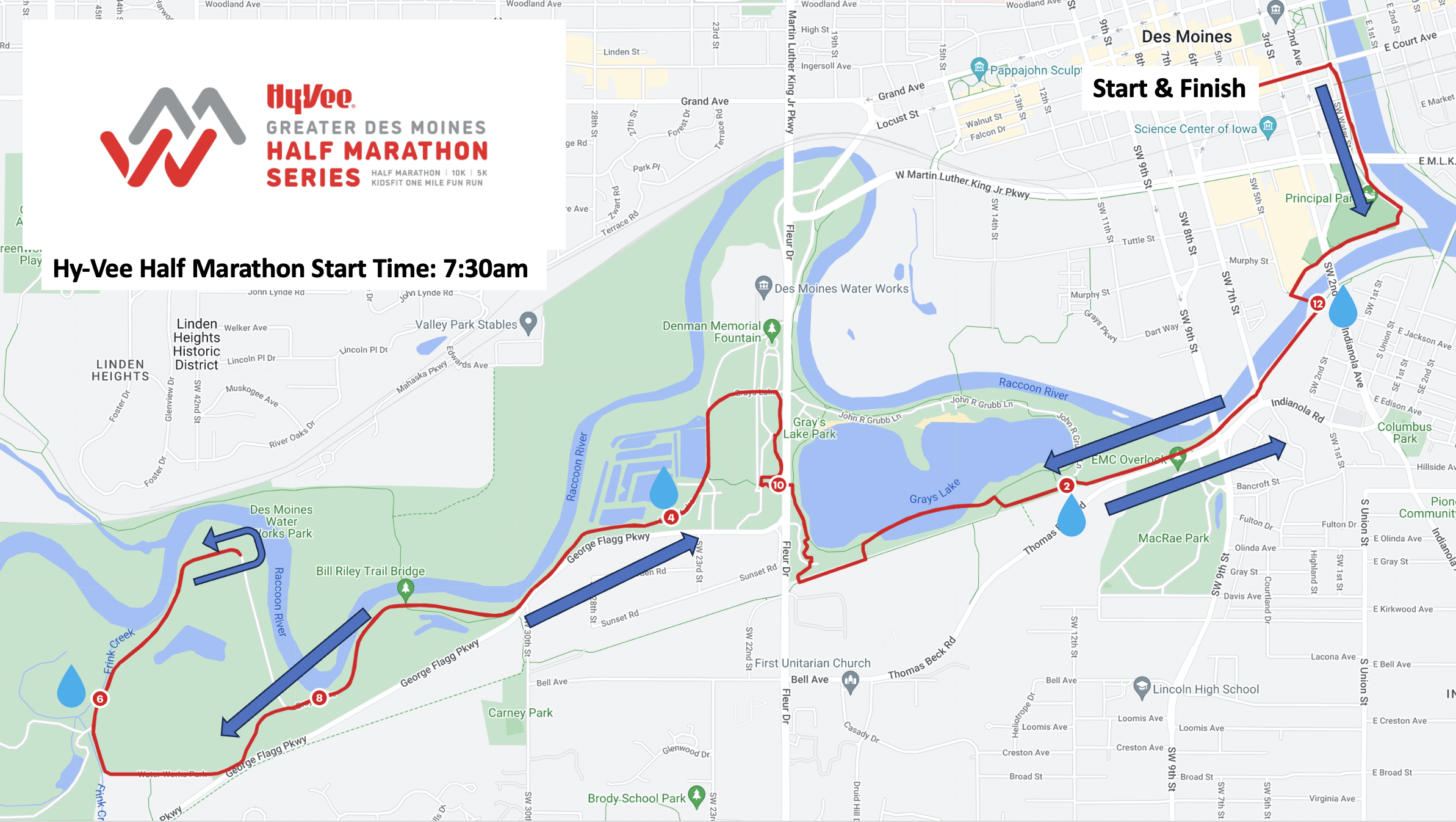 Map of the Hy-Vee Half Marathon route in Des Moines, showing start/finish near Des Moines river, loops through Water Works Park, and returns. Start time: 7:30am.