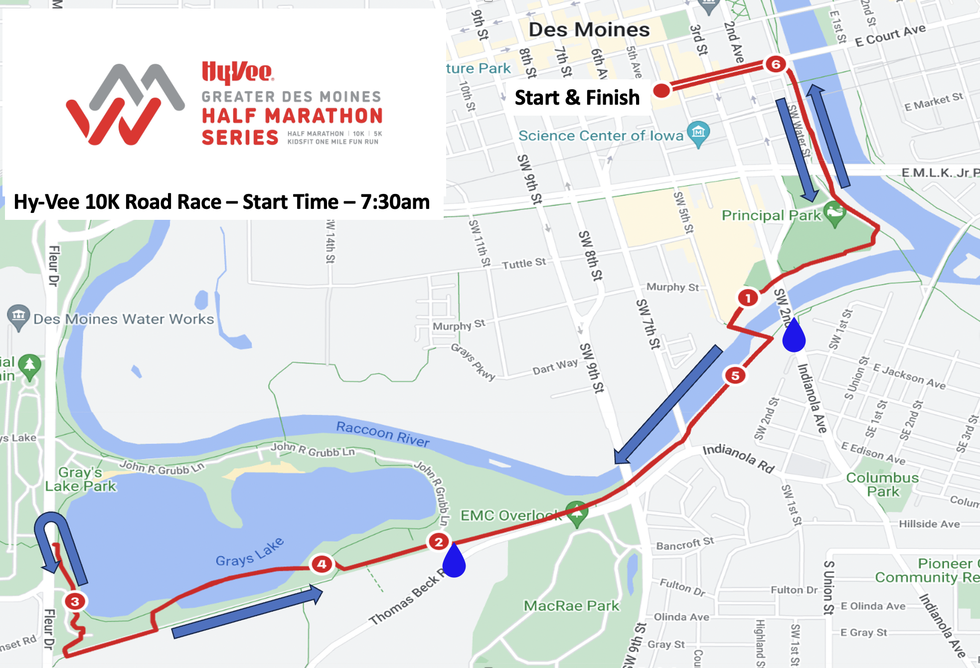 Map of the Hy-Vee 10K in Des Moines showing the race route starting and ending in Principal Park, looping around Gray's Lake, crossing the Racoon River, and passing through EMC Overlook. Start time: 7:30 am.