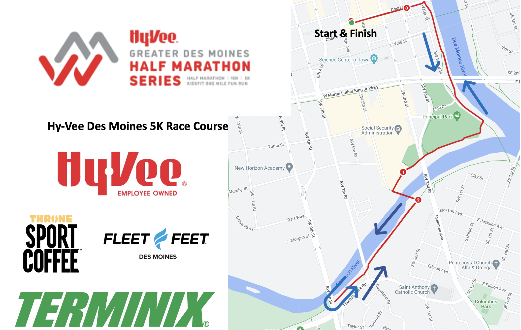 Map of the Hy-Vee Des Moines 5K race course showing the start and finish points with sponsor logos: Hy-Vee, Terminix, Thrive Sport Coffee, and Fleet Feet.