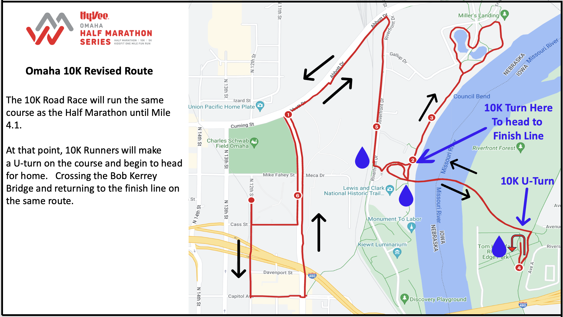 Map of the revised Omaha 10K route, showing the course from the start to Mile 4.1, a U-turn at that point, and the path to the finish line across the Bob Kerrey Bridge.