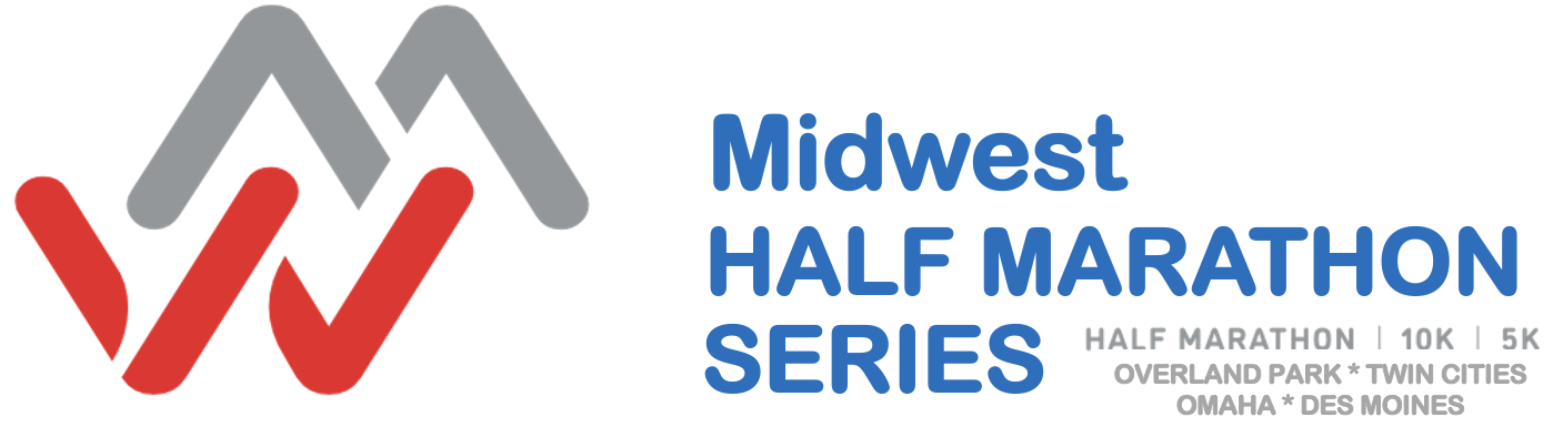 Logo for the Midwest Half Marathon Series, featuring red and gray mountain-like designs with event locations in Overland Park, Twin Cities, Omaha, and Des Moines.