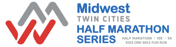 Logo for Midwest Twin Cities Half Marathon Series with text indicating events: Half Marathon, 10K, 5K, and Kids One Mile Fun Run.