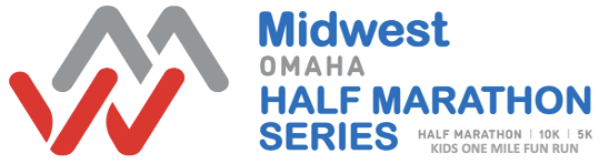 Logo for the Midwest Omaha Half Marathon Series featuring half marathon, 10K, 5K, and kids one-mile fun run events.