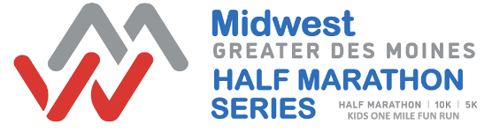 Logo for the Midwest Greater Des Moines Half Marathon Series with text for events: Half Marathon, 10K, 5K, Kids One Mile Fun Run.