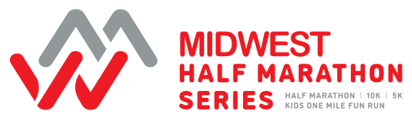 Logo of the Midwest Half Marathon Series, featuring stylized gray and red "M" shapes with text promoting half marathon, 10K, 5K, and kids one mile fun run.